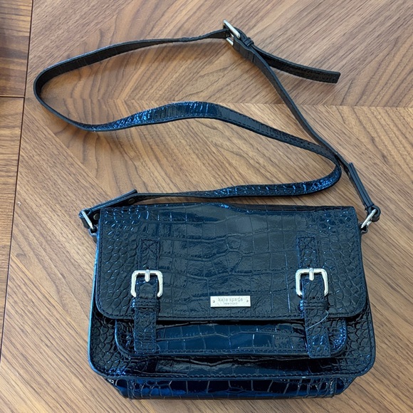 kate spade Handbags - Kate Spade Black Croc Embossed Double Buckle Shoulder Crossbody Bag